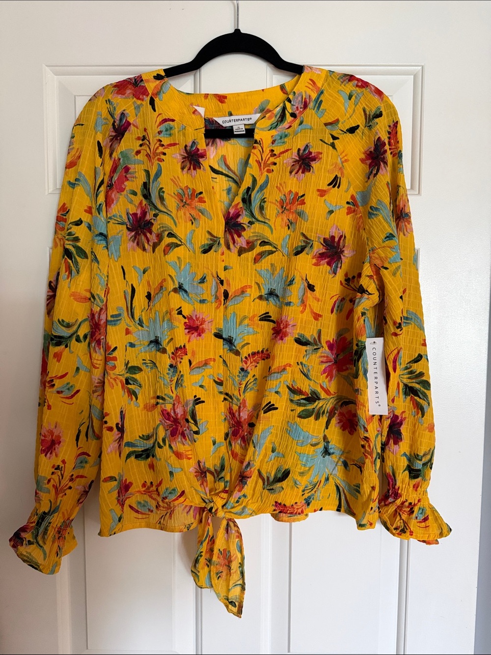 NWT Counterparts Yellow Floral Tie-Front Top